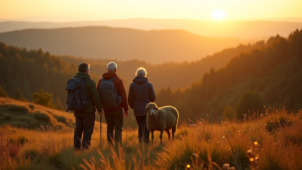 Žygiauninkai šiltuose drabužiuose stovi ant kalvo su plačia Aukštaitijos panorama
