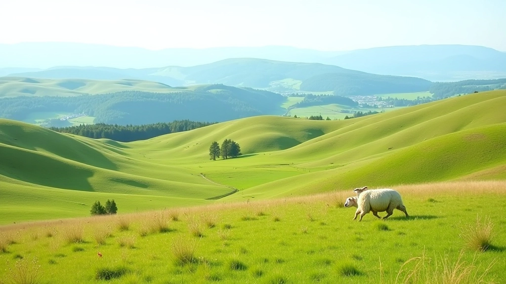 Nuostabus Aukštaitijos aukštumų vaizdas nuo kalvos viršaus, žalios pievos, tolimi horizonte mėlyni kalnai, šviesi vasaros diena